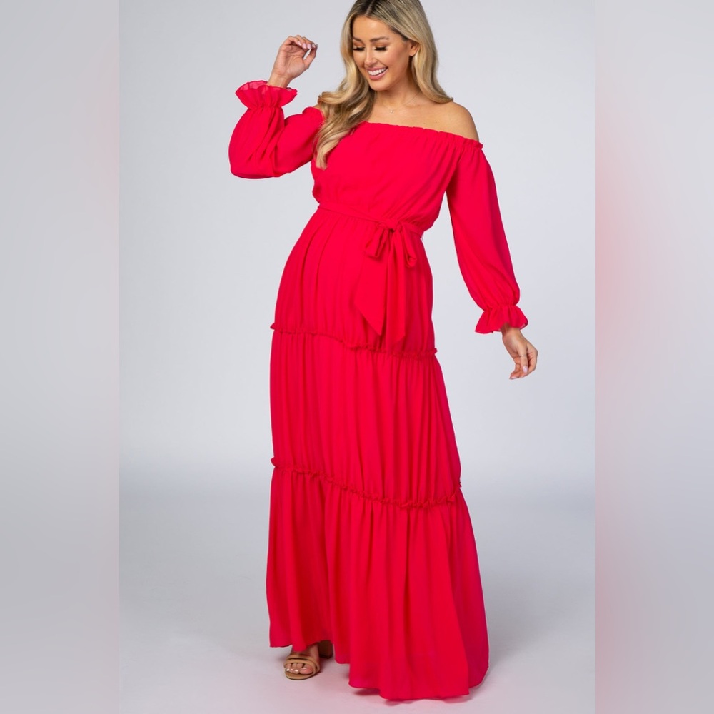 Magenta Tiered Off Shoulder Maternity Maxi Dress, Pinkblush Maternity